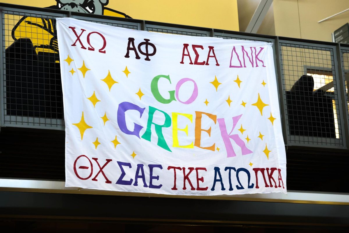 A banner with Adrian College's four sororities and five fraternities represented hangs in Caine Student Center, encouraging students to 